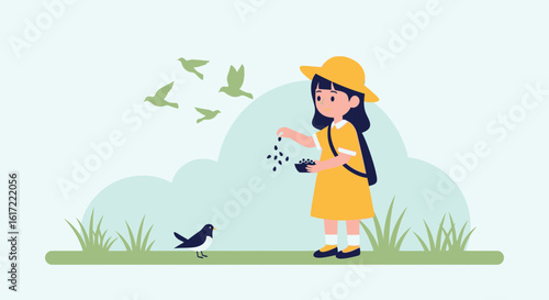A young girl joyfully feeding birds in a serene outdoor illustration scene