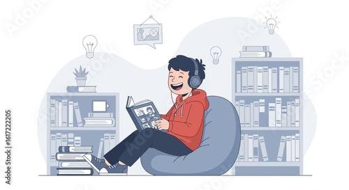 A young man enjoying a book with headphones in a cozy reading nook illustration