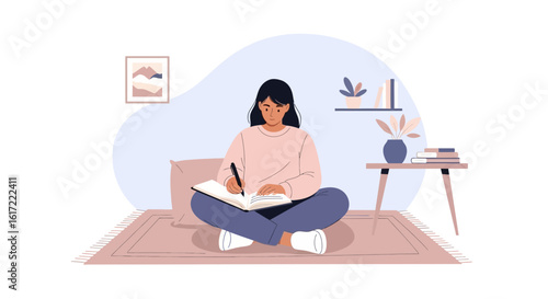 Creative Young Woman Writing in a Notebook At Home on the Floor