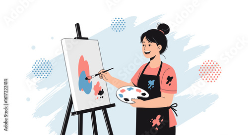 A young woman enjoys painting on a canvas with an easel in her studio filled with vibrant colors and creative energy