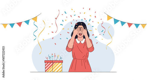 A young woman surprises with confetti and a gift box, creating a cheerful festive atmosphere for celebrating birthdays and special occasions