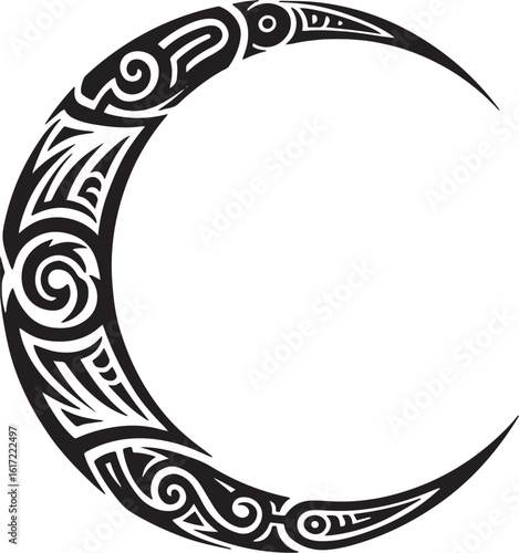 Intricate crescent moon design in black, evoking tribal and cele