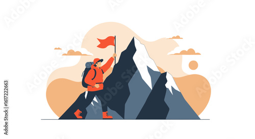 Achieving Success Reaching The Summit After A Difficult Hike To The Mountain Peak