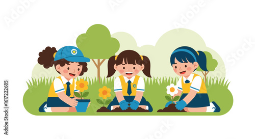 Cute Schoolgirls Planting Flowers Together In The Garden On A Sunny Day