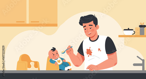 Dad Feeding Baby With Spoon In High Chair In Kitchen During Dinner Time