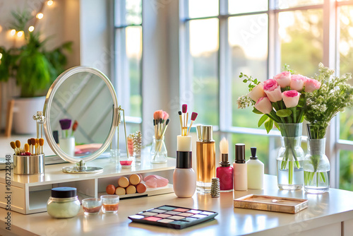 A beautifully arranged vanity table filled with makeup, perfume bottles, brushes, and fresh roses, bathed in soft sunlight