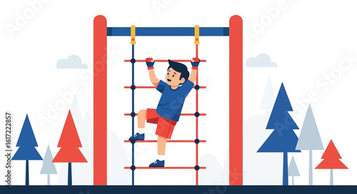Active Youngster Ascending Ladder During Outdoor Adventure At Children Playground