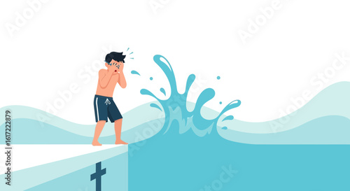 Cartoon illustration of a boy afraid to jump into the pool during vacation