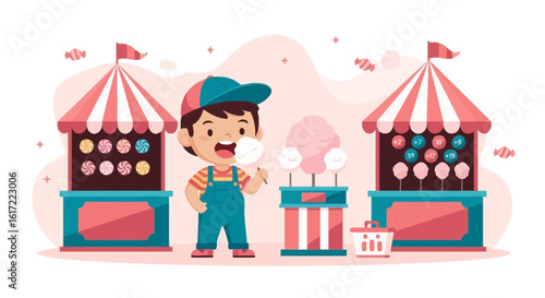 Adorable illustration of a young boy enjoying a day at the carnival with cotton candy
