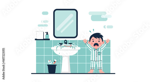Cartoon illustration of a boy in pajamas surprised by a sink overflow in a bathroom