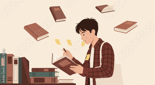 Dedicated Student Immersed In Academic Pursuits Surrounded By Books And Knowledge