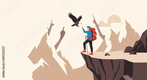 Adventurer On Cliffside Summit With Eagle, Mountain Escape With Wildlife