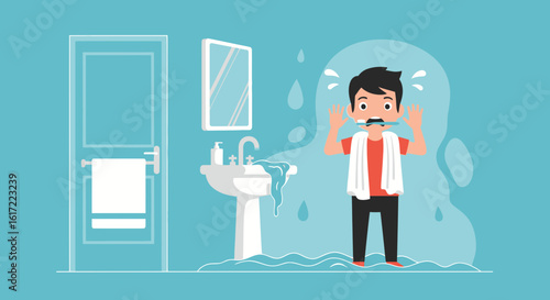 Cartoon illustration of a flooded bathroom with a surprised man, highlighting home mishaps and plumbing failures