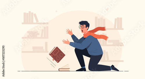 Cartoon illustration of a panicked man dropping books in a library setting background