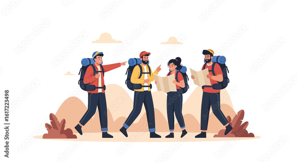 Obraz premium Adventurous Group Hiking And Using Map To Find Directions In Nature Scenery