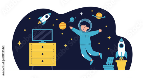Adventurous Boy Imagines Space Exploration While Playing In His Bedroom