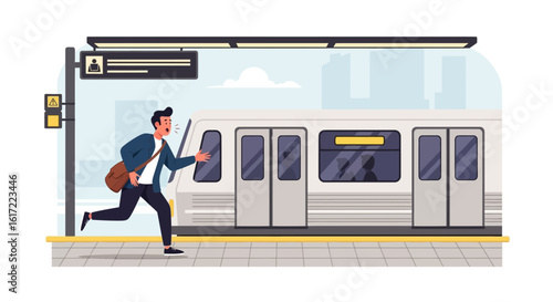 Frantic Commuter Rushing to Catch Departing Subway Train at the Station