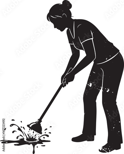 Silhouette of a Woman Plunging a Clogged Drain with Grunge Texture