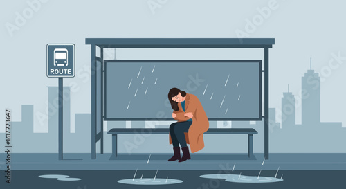 Depressed woman waiting for transport in the rain, city skyline backdrop conveys urban isolation and sadness