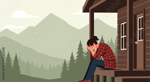 Depressed woman sitting on porch feeling sad with mountain background illustration