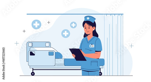 Friendly Nurse Monitoring Patient In Hospital Room With Clipboard Illustration