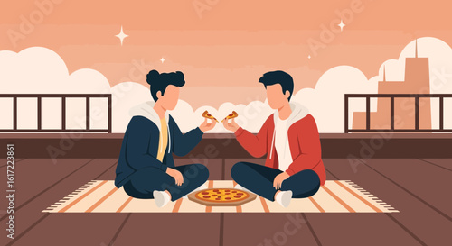 Friends Enjoying Pizza On Rooftop Overlooking The City During Sunset