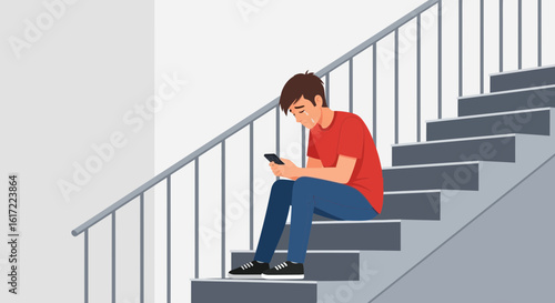 Despair on Steps Teenage Boy Suffering From Heartbreak Using Mobile Device