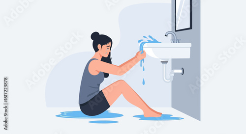 Desperate woman cries as she tries to stop overflowing sink in flooded bathroom