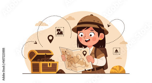 Adventurous young explorer following a treasure map to uncover hidden riches and secret locations