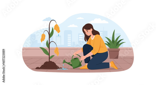 Desperate Effort Woman Waters Dying Plant Hoping For Regrowth And New Life