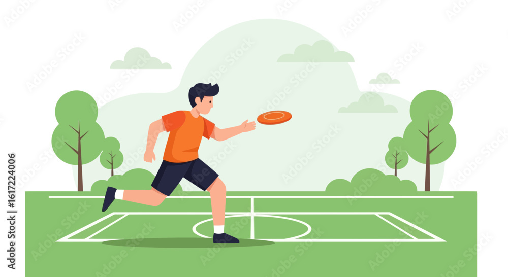 Fototapeta premium Frisbee Enthusiast Plays Disc Golf On The Green Lawn Outdoors On Sunny Day