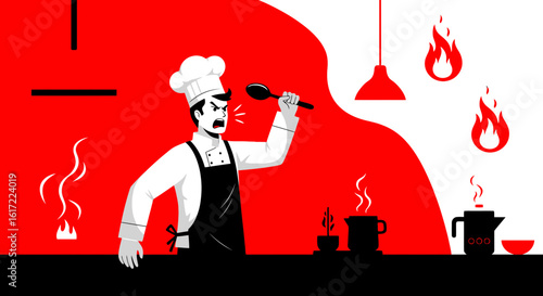 Aggressive Chef Yelling Cartoon Character In Restaurant Kitchen Scene