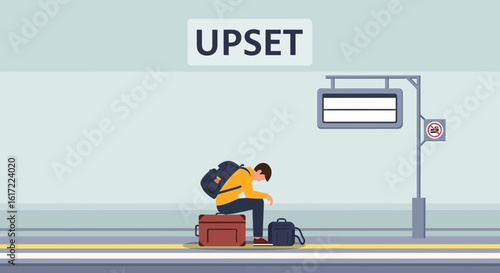 Despondent Traveler Waiting On Delayed Train Feeling Disappointed And Heartbroken