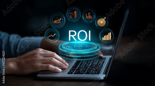 Digital roi analysis with glowing charts and data visualizations