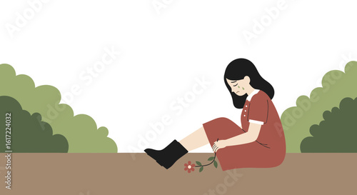 Despondent Teenager Sitting Alone With Flower In A Park Feeling Sad