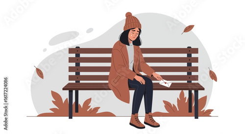 Despondent Woman Sitting On Bench Feeling Lonely With Bad News Letter