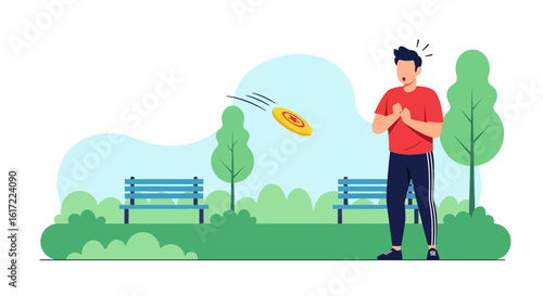 Frisbee Fun In the Park With Surprised Man During Outdoor Activity