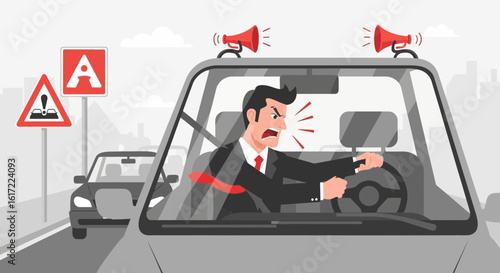 Aggravated Commuter Yelling In Car With Megaphones On Top Of Vehicle
