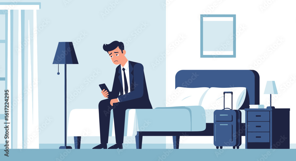 Fototapeta premium Disappointed Businessman Sits on Bed With Smartphone in Hotel Room