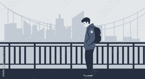 Alone On Bridge Looking At City Skyline Showing The Concept Of Loneliness