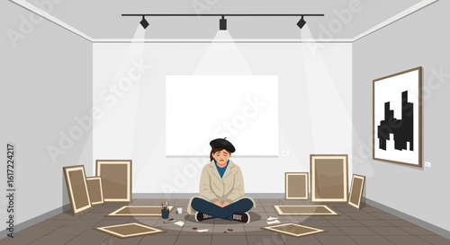Frustrated Artist Surrounded By Unsold Canvases In An Empty Gallery