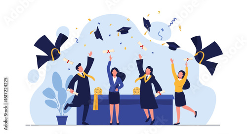 Celebrating academic achievement: Graduates throwing hats and diplomas in celebration