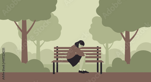 Alone Sad Woman Sitting On Park Bench Seeking Solitude In Nature
