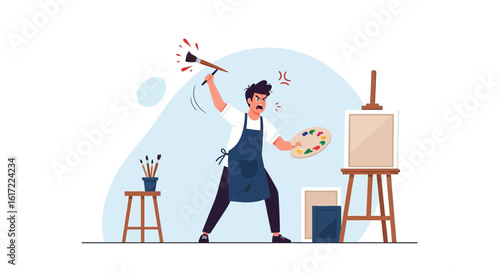 Frustrated artist wielding paintbrush in creative angst studio painting anger