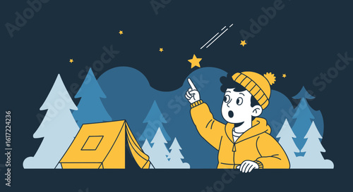 Amazed Boy Stargazing At Night In A Forest Glade Near Camping Tent