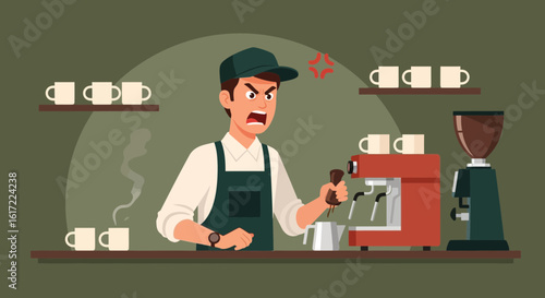 Frustrated Barista Having Machine Troubles While Preparing Coffee Orders