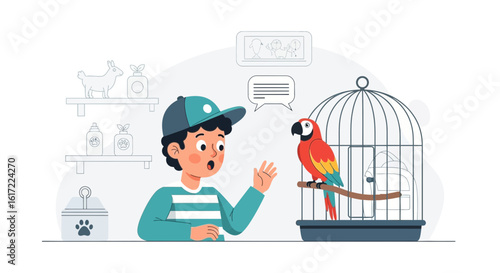 Amazed Boy Interacting With A Colorful Macaw Parrot In An Indoor Setting