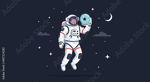 An astronaut in space holds a mysterious orb under the light of the moon and stars