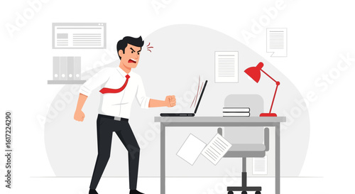 Frustrated Businessman About To Smash Laptop Computer At His Workplace