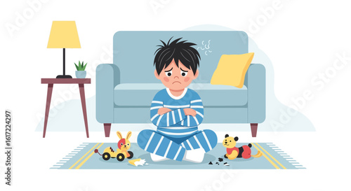 Frustrated Boy Sits Cross Legged Among Broken Toys In His Living Room